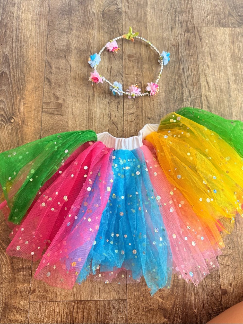 Colorful Rainbow Tulle Tutu Skirt with Floral Headband - Multicolor